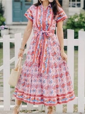 Victoria Dunn Coral & Blue Floral Maxi Shirt Dress with Tie Waist